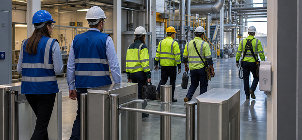 EHS consultant reviewing contractor safety documentation at an industrial site