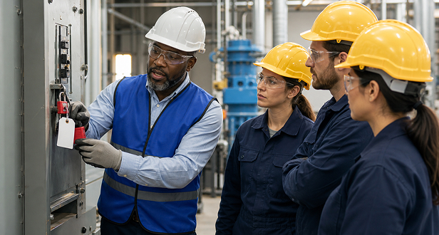 Environmental Health - 03 Industrial employees participating in an EHS compliance training session