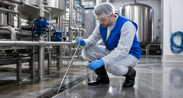 EHS consultant conducting a compliance review at a food processing facility