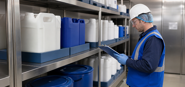 Food and beverage facility worker following EHS safety protocols