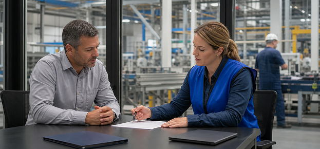 EHS consultant reviewing a regulatory enforcement notice with a client