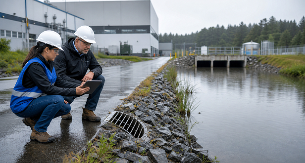 EHS consultant conducting a stormwater compliance inspection