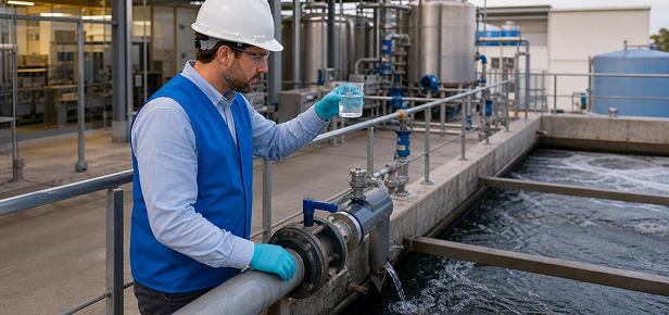 EHS consultant conducting a wastewater compliance inspection